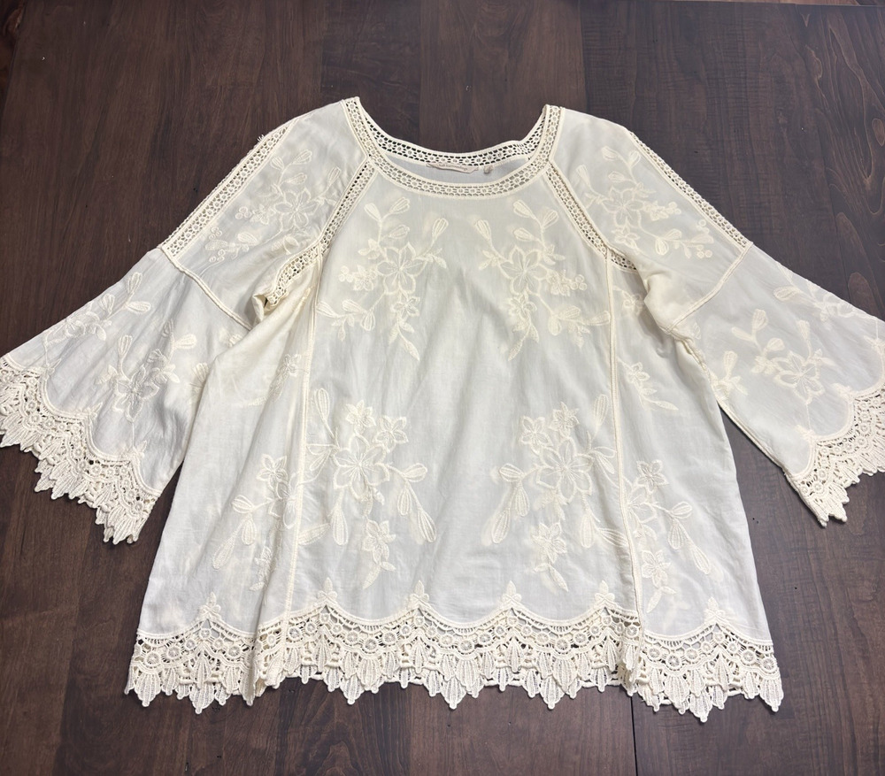 Soft Surroundings Cream Lace Trim Embroidered blouse top XL bell sleeves boho